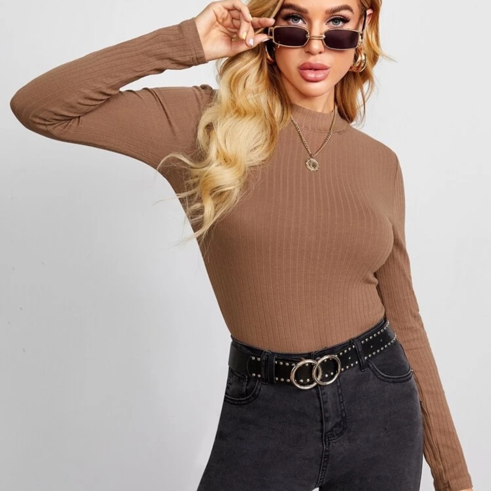 Fitted rib knit mockneck long sleeve tee charcoal - Picture 11 of 15